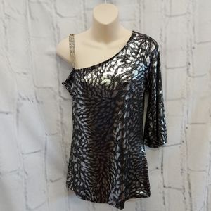 Venus Black and Silver Rhinestone Strap One Shoulder Top Size L